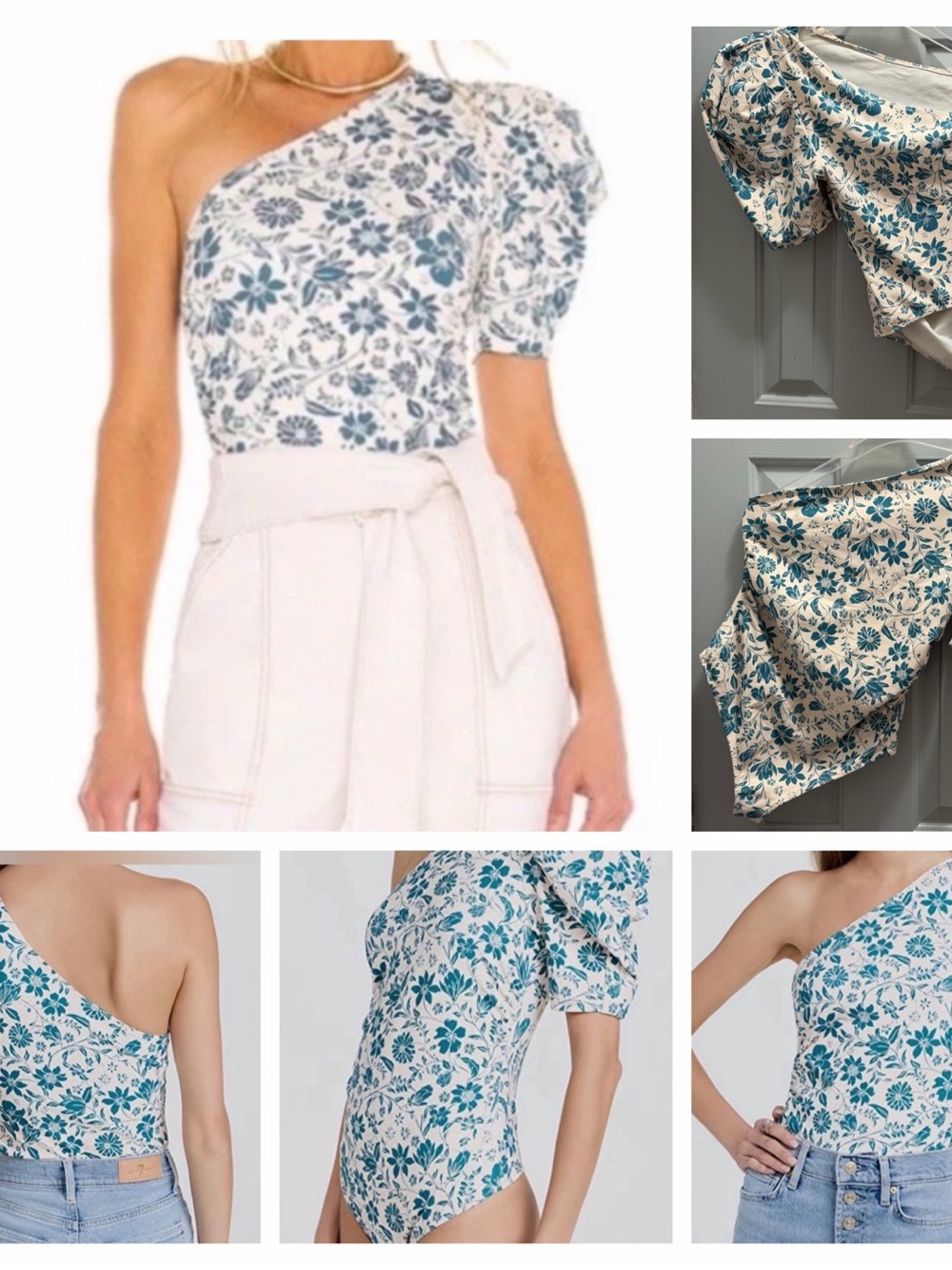 Free People Somethin' Bout You One-Shoulder Bodysuit, Floral & Blue print Medium